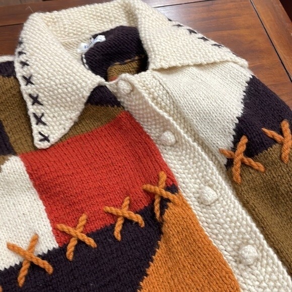 Hand Knit Alpaca Oversize Chunky Patchwork Cardigan ~Frontiers Scotland One Size - Picture 10 of 15